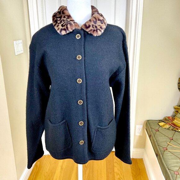 Talley Ho Cardigan Vintage Boiled Wool Black with Faux Leopard Print Collar (M) - Picture 1 of 8